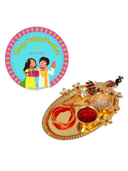 Accessher - Elegant Rakhi Set with Golden Pooja Thali, Rice Roli & Card for Both