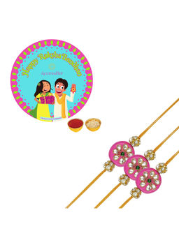Accessher - Pink & Gold Color Bead Kundan Rakhi Pack of 3 with Rice Roli & Card