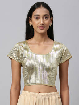 Amrutam Fab - Womens Sequence Embroidered Beige Silk Blouse Round Neck