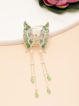 PANASH - Gold-Plated CZ-Stone Studded Green Leaf Shaped Claw Clip