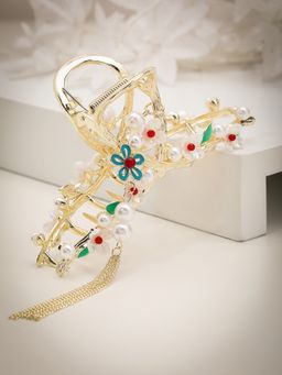 PANASH - Gold-Plated Pearl Studded Multi-Color Floral Claw Clip
