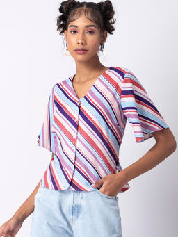 FabAlley - Multicolored Striped Buttoned Back Tie Blouse