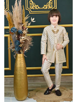 Ahhaaaa - Beige Kids Sequined Sherwani and Pant with Mala (Set of 2)