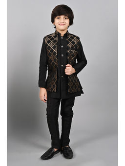 Ahhaaaa - Black Kids Blend Sherwani and Pant with Jacket (Set of 3)