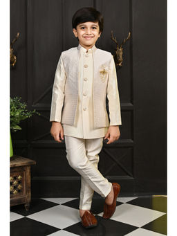 Ahhaaaa - Cream Kids Blend Sherwani and Pant with Jacket (Set of 3)