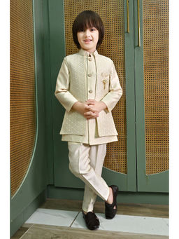 Ahhaaaa - Cream Kids Embroidered Sherwani and Pant with Jacket (Set of 3)