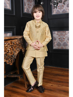 Ahhaaaa - Gold Kids Sherwani, Pant and Jacket with Moti Mala (Set of 3)