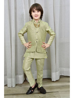 Ahhaaaa - Green Kids Sherwani, Pant and Jacket with Moti Mala (Set of 3)