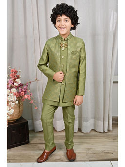 Ahhaaaa - Green Kids Sequined Sherwani and Pant with Mala (Set of 2)