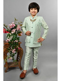 Ahhaaaa - Green Kids Blend Sherwani and Pant with Jacket (Set of 3)