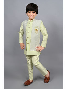 Ahhaaaa - Green Kids Blend Sherwani and Pant with Jacket (Set of 3)