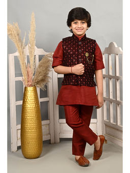 Ahhaaaa - Maroon Kids Indian Velvet Cotton Kurta, Pyjama and Jacket (Set of 3)