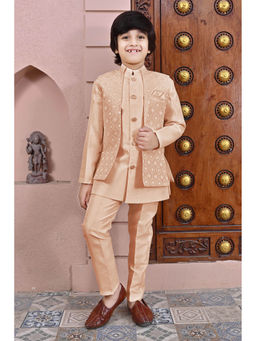 Ahhaaaa - Peach Kids Indian Sherwani, Pant and Jacket with Mala (Set of 3)