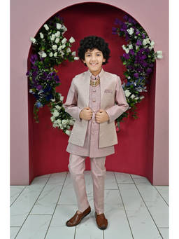 Ahhaaaa - Pink Kids Thread Zari Work Sherwani and Pant with Jacket (Set of 3)