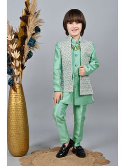Ahhaaaa - Green Kids Sequined Embedded Sherwani, Pant and Jacket (Set of 3)