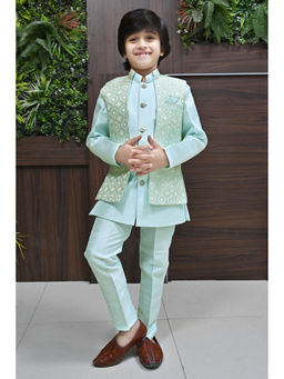 Ahhaaaa - Turquoise Kids Indian Sherwani, Pant and Jacket with Mala (Set of 3)