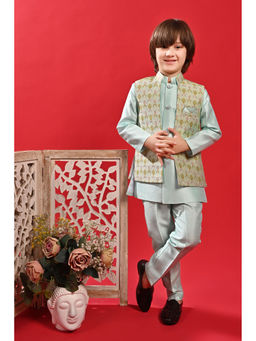 Ahhaaaa - Turquoise Kids Thread Work Sherwani, Jacket and Pant (Set of 3)
