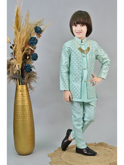 Ahhaaaa - Turquoise Kids Sequin Sherwani and Pant with Mala (Set of 2)