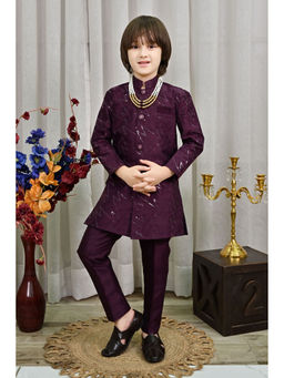 Ahhaaaa - Wine Kids Jacquard Sequined Sherwani and Pant with Mala (Set of 2)