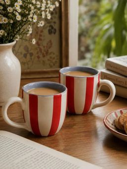 The Confetti Tree - Set Of 2 Red & Ivory Striped Stoneware Coffee Mugs 180ml