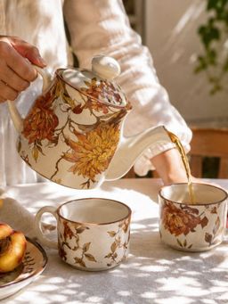 The Confetti Tree - Summer Orchard Stoneware Floral Ceramic Teapot With 2 Coffee & Tea Cups