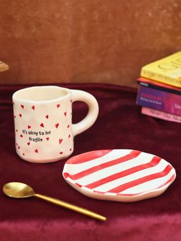 WEAVING HOMES - Set Of 2 - Fragile Mug & Red Striped Dessert Plate Microwave & Dishwasher Safe
