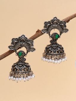 Karatcart - Oxidised Silver Green Stone Floral Jhumki Studded with White Pearl for Women