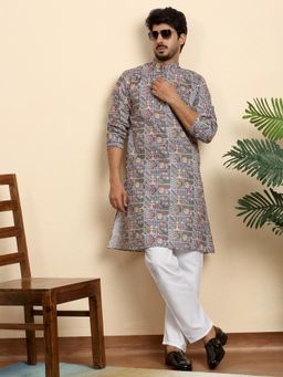 Kraft India - Cotton Blend Geometric Printed Grey Kurta with Pyjama