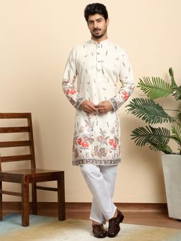 Kraft India - Floral Print Cotton Blend Ethnic Wear Cream Kurta Pyjama