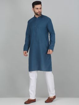 Kraft India - Cotton Blend Solid Denim Blue Kurta with Pyjama