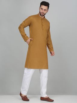 Kraft India - Cotton Blend Solid Denim Mustard Kurta with Pyjama