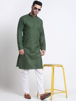 Kraft India - Cotton Blend Solid Denim Olive Green Kurta with Pyjama
