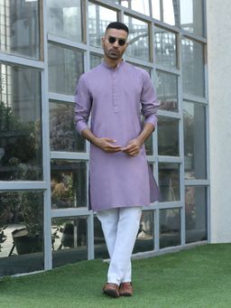 Kraft India - Cotton Blend Solid Denim Mauve Kurta with Pyjama