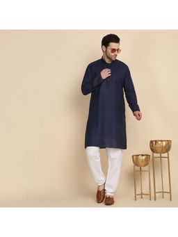 Kraft India - Cotton Blend Solid Denim Navy Blue Kurta with Pyjama