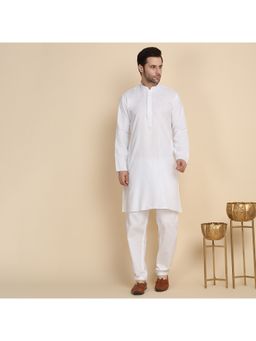 Kraft India - Cotton Blend Solid Denim White Kurta with Pyjama