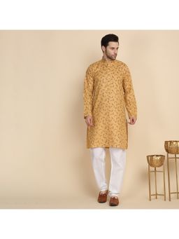 Kraft India - Printed Cotton Blend Beige Kurta with Pyjama