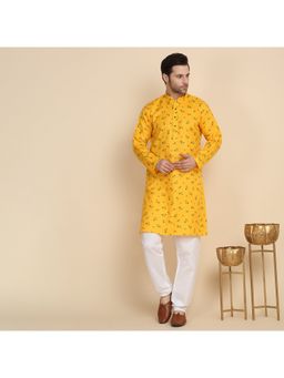 Kraft India - Floral Printed Cotton Blend Yellow Kurta with Pyjama