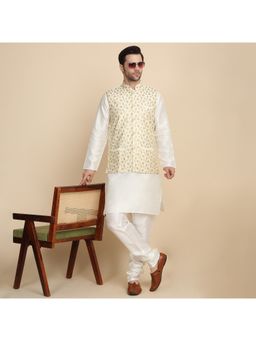 Kraft India - Solid Cream Zari Embroidered Kurta with Churidar and Nehru Jacket