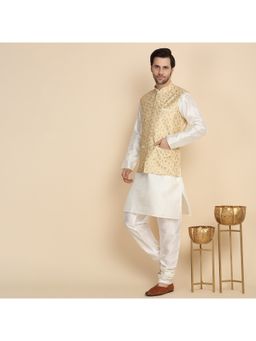Kraft India - Solid Beige Zari Embroidered Kurta with Churidar and Nehru Jacket