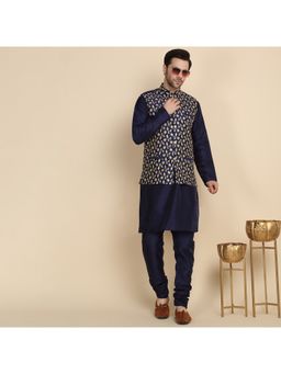 Kraft India - Solid Navy Blue Zari Embroidered Kurta with Churidar and Nehru Jacket