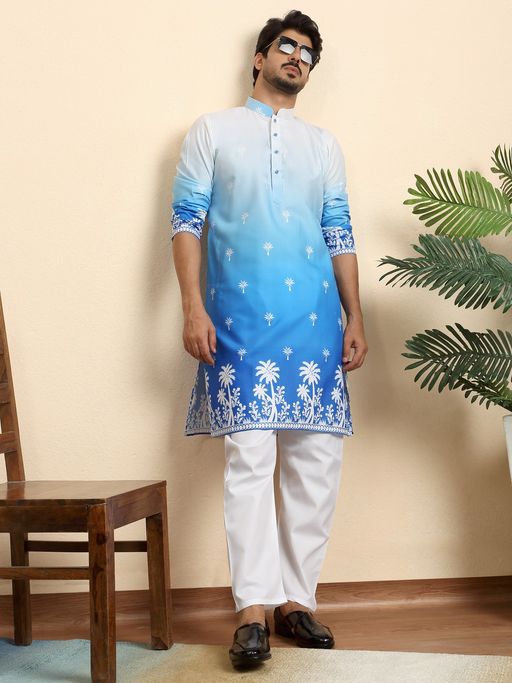 Kraft India Cotton Blend Ombre Printed Blue Kurta with Pyjama