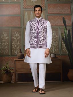 Odette - Purple Cotton Blend Stitched Embroidered Kurta with Pant and Jacket