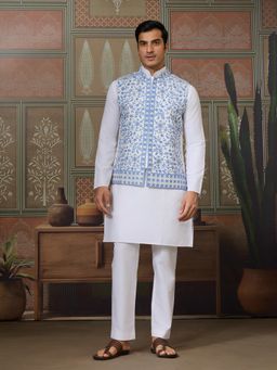 Odette - Blue Cotton Blend Stitched Embroidered Kurta with Pant and Jacket