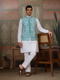 Odette - Teal Cotton Blend Stitched Embroidered Kurta with Pant and Jacket