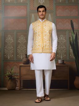 Odette - Yellow Cotton Blend Stitched Embroidered Kurta with Pant and Jacket
