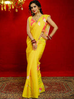 Nyri - Yellow Linen Printed Saree