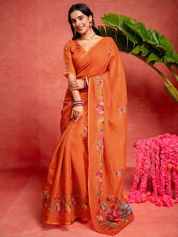 Nyri - Orange Linen Printed Saree