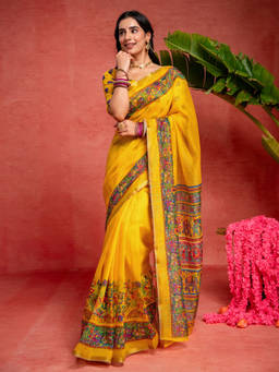 Nyri - Yellow Linen Printed Saree