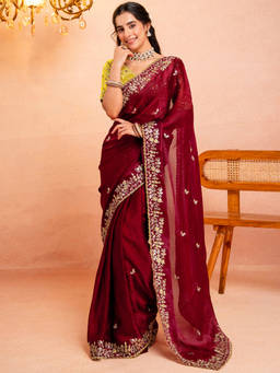 Nyri - Maroon Chiffon Sequins Embroidery Saree