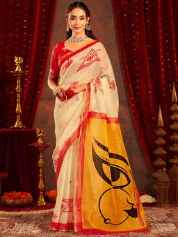 Nyri - Off White Linen Printed Saree